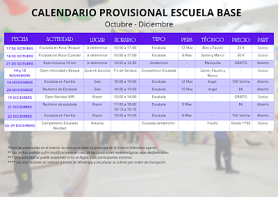 CALENDARIO ACTIVIDADES ESCUELA BASE OCTUBRE-DICIEMBRE